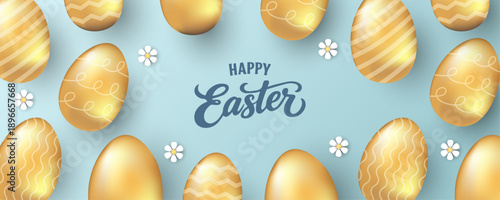 Set of greeting Easter posters. Creative Easter vector cards with bunny, eggs. Collection of geometric greeting cards, banner with cute cartoon elements and 3d egg in gold and colorful background.