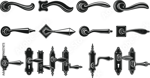 Door handle silhouettes collection set, modern and vintage door lever designs, interior hardware icons, black vector illustration for architecture, construction, home decor design