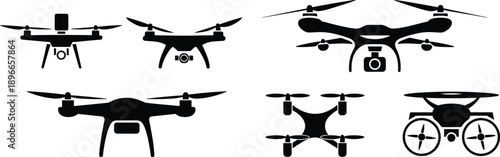 Drone silhouette vector illustration set, quadcopter and UAV icons collection, modern flying drone technology, aerial photography, unmanned aircraft design for commercial use