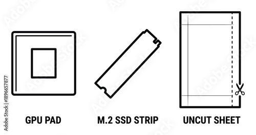 Thermal pad and m.2 ssd strip icons including uncut sheet for cooling electronics and pc components.