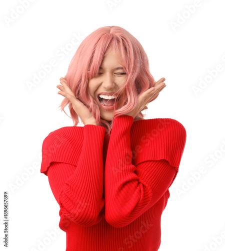 Happy young woman in pink w...