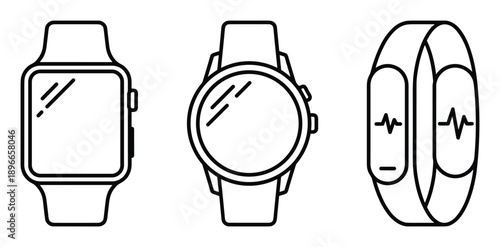 Various wearable technologies icons smartwatch and wristband fitness tracker outline vector illustration.