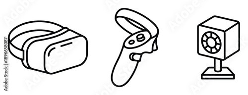 Virtual reality set thin line vector icon vr headset controller sensor augmented reality entertainment.