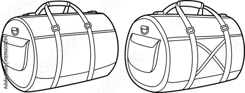 Duffel bag technical sketch, cylindrical design, strap variations, front pocket detail, fashion accessory, vector outline, CAD drawing, flat illustration, template
