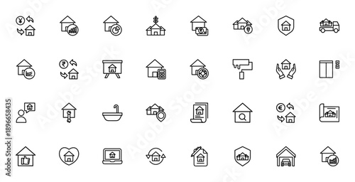 Real Estate icon set. Vector illustration pack featuring home, property, renovation, business, analytics, finance, moving and more. Editable stroke icons.