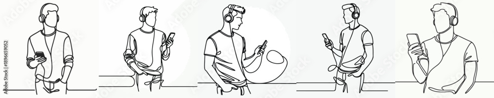 Obraz premium line art half body of a man standing listening to music on his cell phone