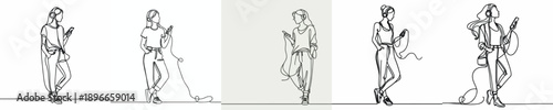 line art of a woman standing listening to music on his cell phone