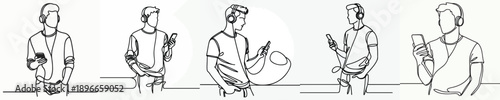line art half body of a man standing listening to music on his cell phone