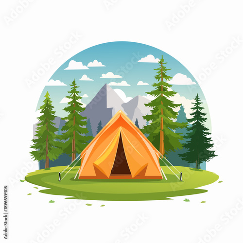 Camping tent in a mountainous landscape, flat design illustration for outdoor adventure and travel