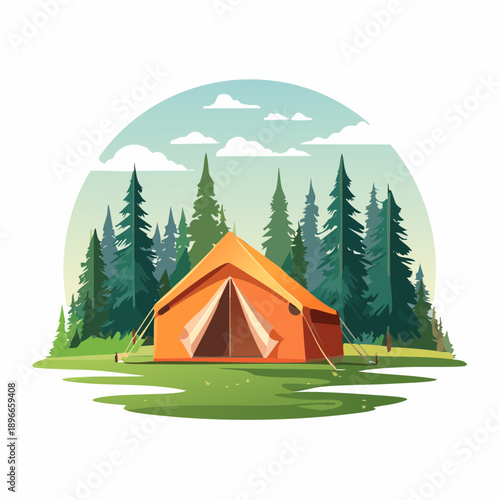 Flat design illustration of a vibrant orange tent pitched in a lush green forest with tall pine trees under a cloudy sky, perfect for camping and outdoor adventures
