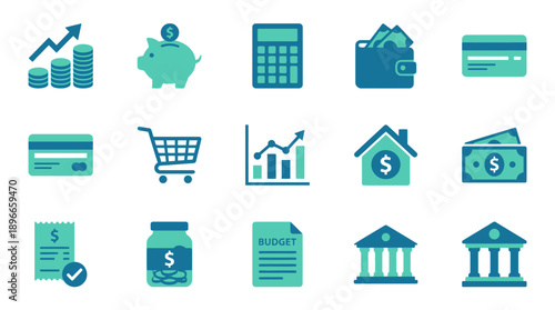 graphs, piggy bank, calculator, credit card, house, documents for web templates