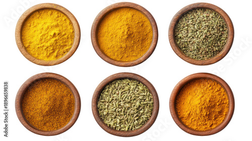 Garam masala turmeric cumin powder coriander powder mustard powder assorted Indian spices in small bowls on transparent background