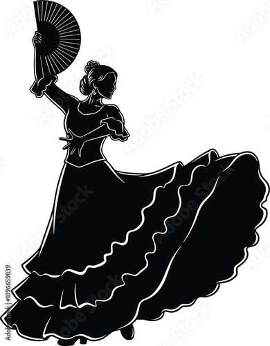 “Elegant flamenco dancer silhouette vector illustration featuring flowing ruffled dress, expressive pose, hand fan movement, perfect for cultural artwork, dance designs, and creative