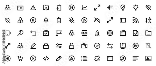 Smartphone Essentials icon set. Vector UI symbols for user, camera, battery, wifi, calendar, settings and more. Minimal line icons pack.