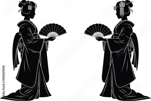 “Elegant geisha silhouette vector illustration featuring traditional kimono, decorative hair ornaments, and handheld fans, perfect for cultural artwork, Japanese 