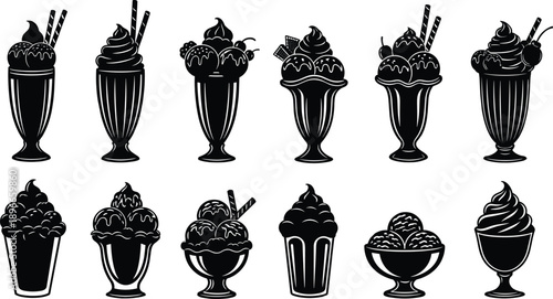 “Elegant ice cream sundae and milkshake silhouette collection featuring detailed dessert cups, whipped toppings, cherries, and garnish elements in bold black vector style for food branding”