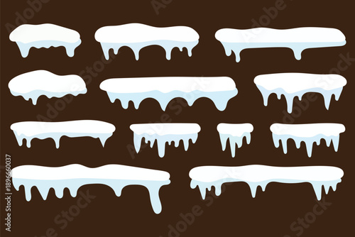 Snow caps icicle border. Winter frozen frost decoration isolated shapes