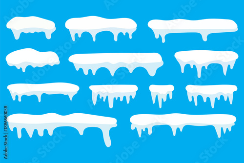 Snow caps icicle border. Winter frozen frost decoration isolated shapes