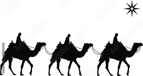 “Silhouette illustration of three travelers riding camels guided by a bright star in desert landscape, traditional biblical scene for Christmas themed vector artwork”