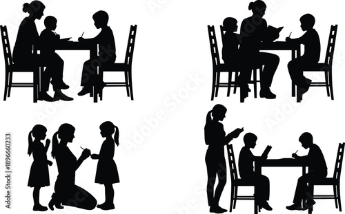 “Silhouette vector illustration of teacher tutoring children in different learning activities, reading and writing scenes, educational guidance concept, parent and child study interaction,