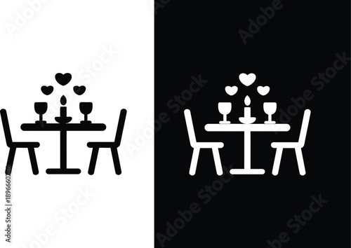 Black and white romantic dinner table icon set, lit candle, wine glasses and floating hearts for Valentine’s Day date designs.r Artwork