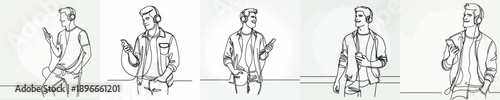 line art half body of a man standing listening to music on his cell phone