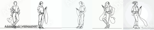 line art of a woman standing listening to music on his cell phone