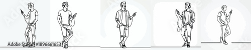 line art of a man standing listening to music on his cell phone