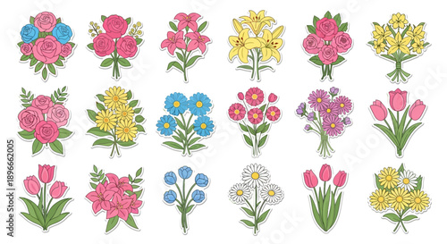 A collection of various colorful floral bouquets, arranged with green foliage.