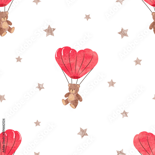 Flying Teddy bear with heart shaped parachute seamless pattern. Valentines Da...