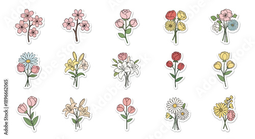 Collection of colorful floral bouquets, each with unique flower arrangements, presented in a sticker style.
