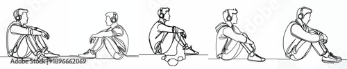 line art of a man sitting listening to music with headphones
