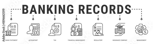Banking Records web banner icon vector illustration with Bank Statement, Accountant, Tax, Financial Management, Regulatory and Insurance Company