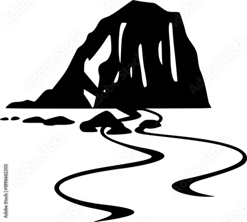 Minimalist Black Mountain River Landscape Silhouette Icon Featuring a Winding Stream and Cave Entrance for Outdoor Adventure Nature Exploration and Tourism Graphic Design
