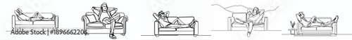 line art of a man relaxing on sofa listening music with headphones