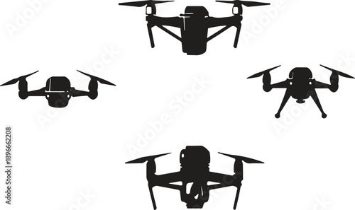 Drone silhouette set, flat vector, quadcopter icons, unmanned aerial vehicle shapes, flying technology illustration, modern UAV graphic design pack