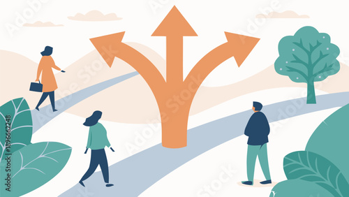 People at a career crossroads with multiple path choices