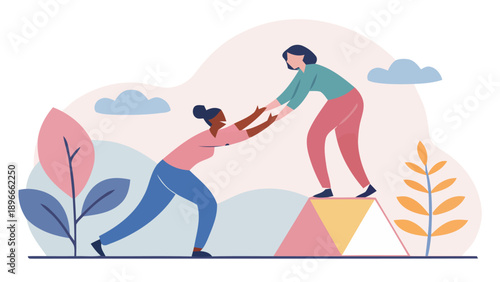 Two women helping each other up a colorful geometric pyramid in a vibrant landscape