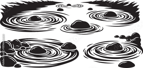 Black and white illustration of rippling water with stones