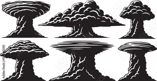 Black and white mushroom cloud illustrations in various styles