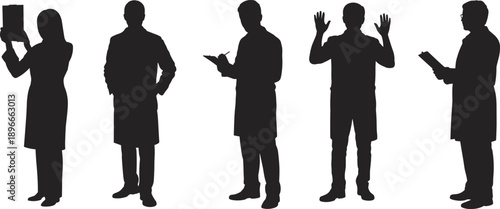 Doctor and nurse silhouettes vector illustration, medical professionals in different poses, healthcare worker concept, hospital staff design, science and medicine art