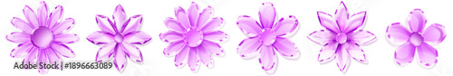 Set of crystal flowers with soft shadows on white background, in shades of purple, with facets and reflections.