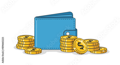 Blue Wallet with Gold Coins Stacked.