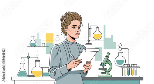 Illustration of Marie Curie in a laboratory setting, surrounded by scientific equipment and glassware, holding a clipboard and pen.
