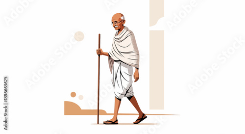 Illustration of Mahatma Gandhi walking with a stick, symbolizing his journey and leadership in India's independence movement.