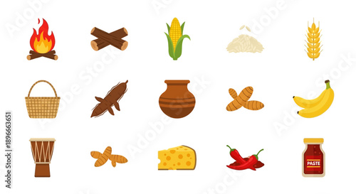 A collection of diverse food items, agricultural products, and cultural elements arranged in a grid.
