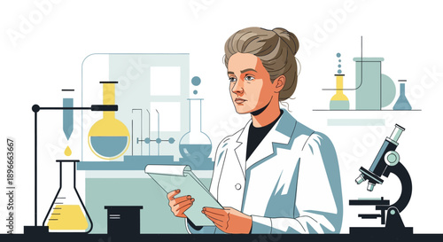 A determined female scientist in a white lab coat examines notes in a laboratory filled with scientific equipment, including beakers, test tubes, and a microscope.