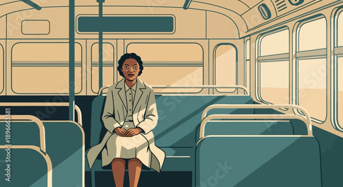A Black woman in a white coat sits alone on a bus, bathed in sunlight filtering through the windows, evoking a sense of quiet defiance and historical significance.