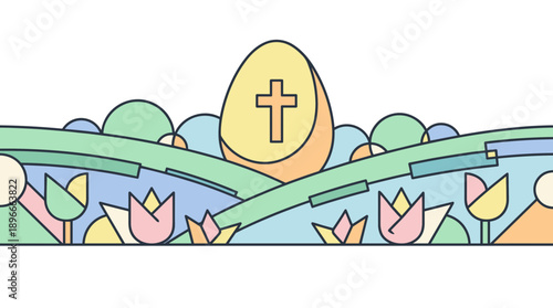 Minimal Easter vector illustration: egg rising over a simple horizon like a sun, clean geometric shapes, bold contours, copy space
