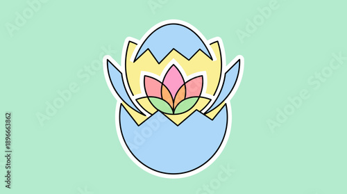 Minimal vector Easter illustration: cracked egg shell opening into a flower shape using negative space, clean geometry, copy space
